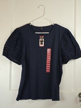 Express Navy Blue Eyelet Puff Sleeve Top NEW XL